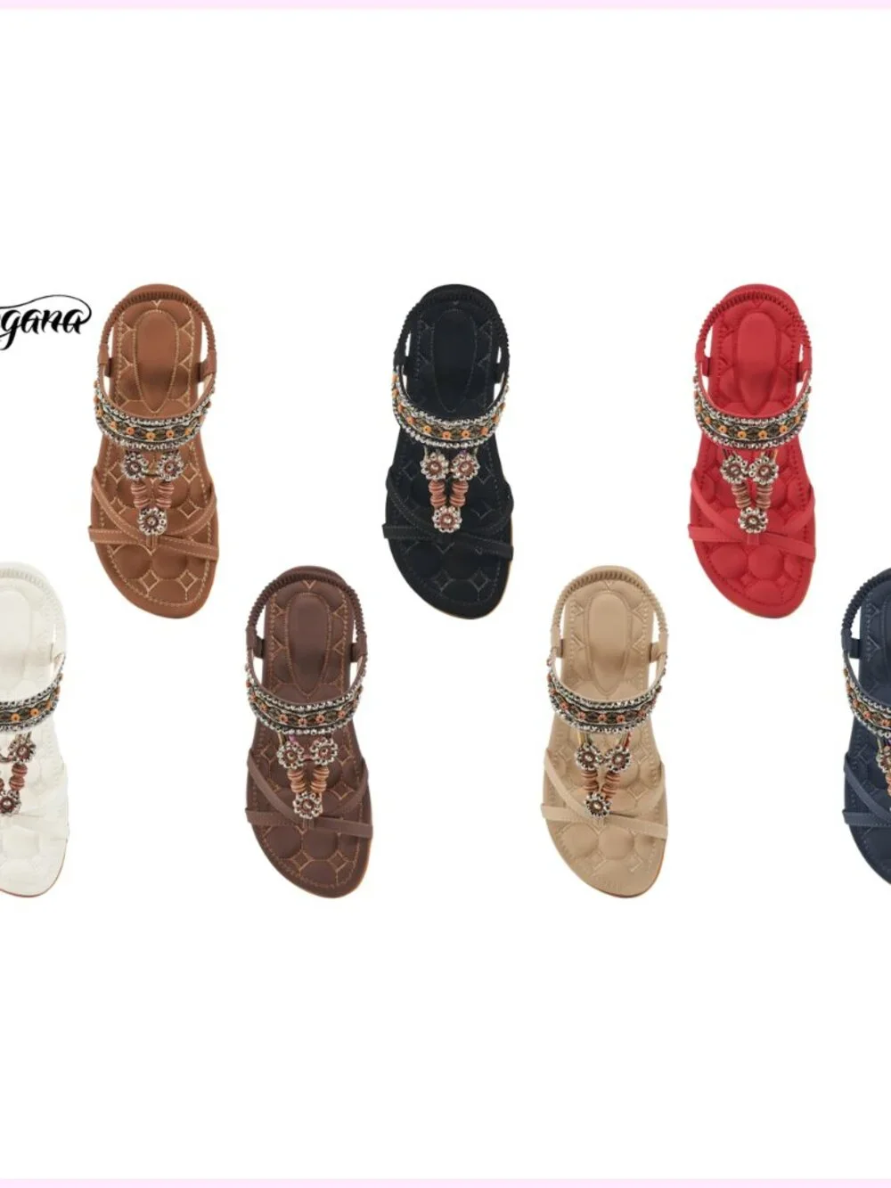 Bohemian Rhinestone Bead Embellished Flat Sandals with Elastic Ankle Strap
